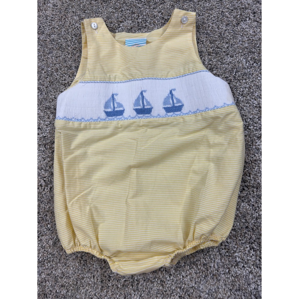 Southern Sunshine Baby Boy Smocked Sailboat Bubble Romper Yellow Stripe 9M #0922